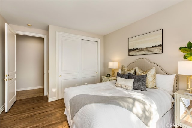 bedroom featuring dark wood-type flooring and a closet