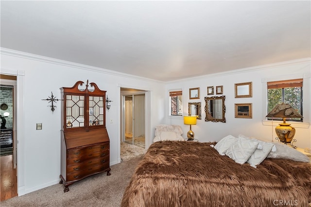 bedroom with light carpet and ornamental molding