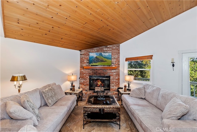 living room featuring wood ceiling, vaulted ceiling, and a brick fireplace