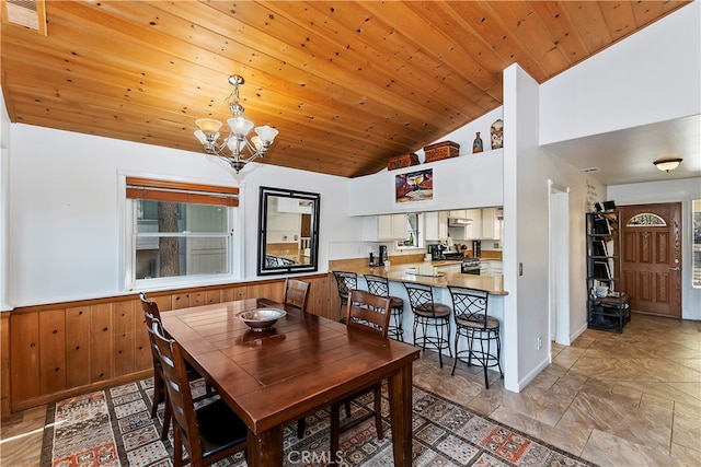 dining space featuring wood walls, a chandelier, high vaulted ceiling, and wooden ceiling