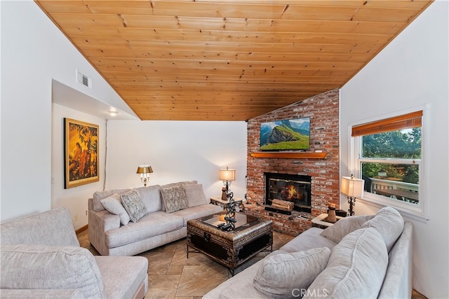 living room with wood ceiling, a fireplace, and high vaulted ceiling