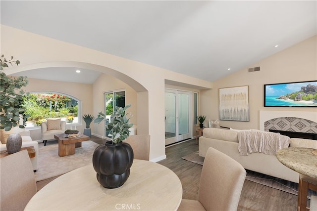 living room with wood-type flooring and lofted ceiling