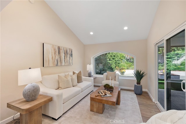 living room featuring high vaulted ceiling and light hardwood / wood-style floors