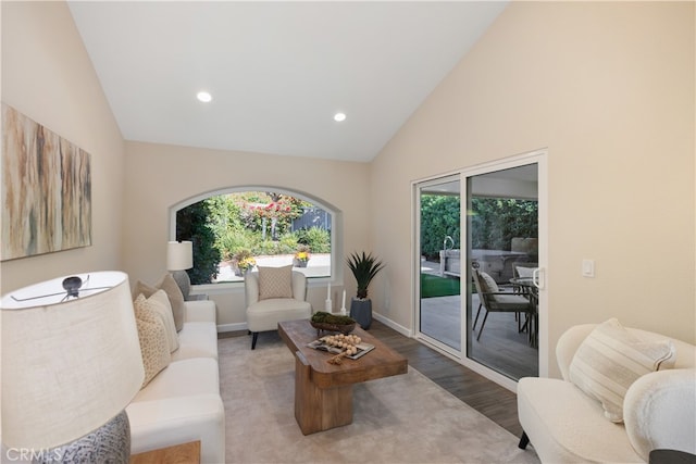 living room with hardwood / wood-style floors and high vaulted ceiling