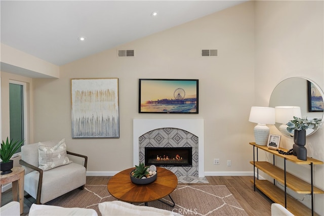 living room featuring lofted ceiling, wood-type flooring, and a fireplace