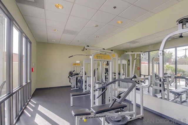 exercise room with a paneled ceiling