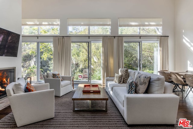 living room with a healthy amount of sunlight, dark hardwood / wood-style flooring, and a towering ceiling