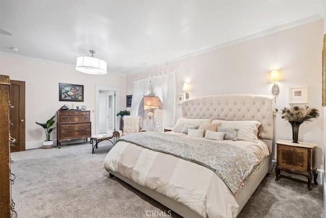 carpeted bedroom with ornamental molding