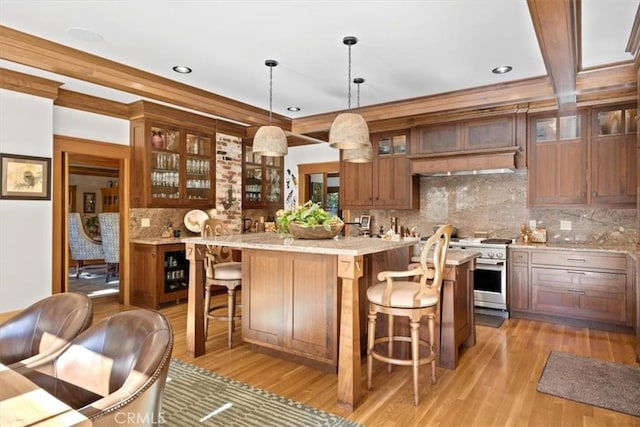 kitchen featuring decorative light fixtures, tasteful backsplash, light hardwood / wood-style floors, and high end stainless steel range oven