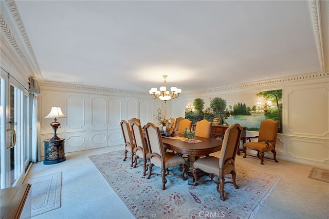 carpeted dining room featuring crown molding and a notable chandelier