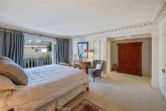 carpeted bedroom with ornamental molding