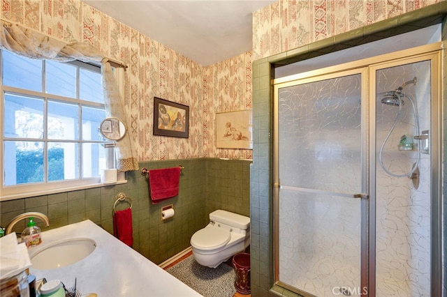 bathroom with a shower with shower door, vanity, and toilet