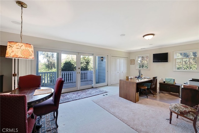 office featuring ornamental molding, light carpet, and french doors