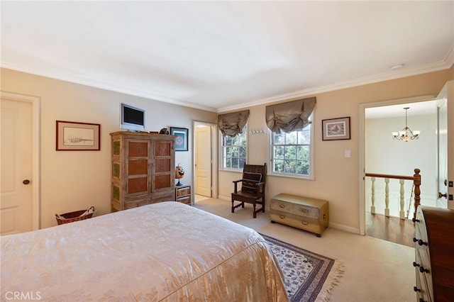 bedroom with light colored carpet, a notable chandelier, and ornamental molding