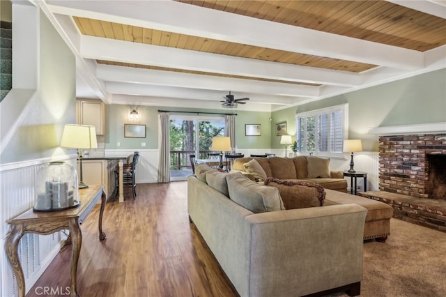 living room featuring wood ceiling, dark hardwood / wood-style floors, and beamed ceiling