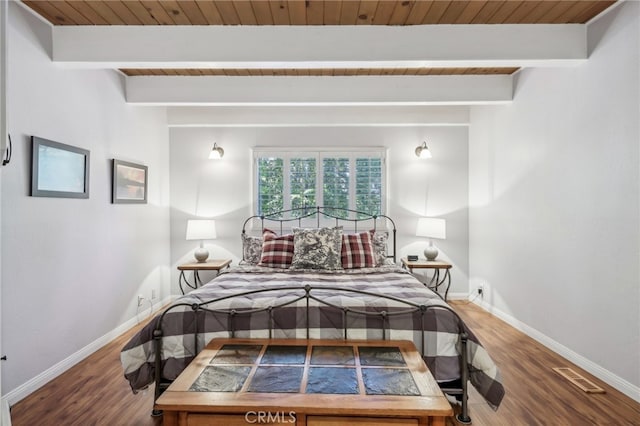 bedroom with hardwood / wood-style floors, beamed ceiling, and wooden ceiling