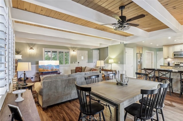 dining space with ceiling fan, beam ceiling, light hardwood / wood-style flooring, and wood ceiling