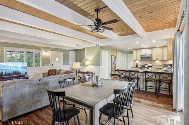 dining space featuring wood ceiling, light hardwood / wood-style floors, and ceiling fan