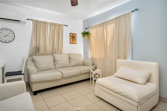 tiled living room with an AC wall unit and ceiling fan