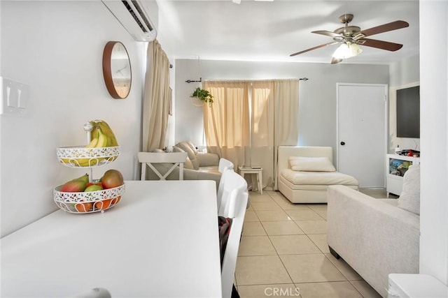 tiled living room with ceiling fan and a wall unit AC