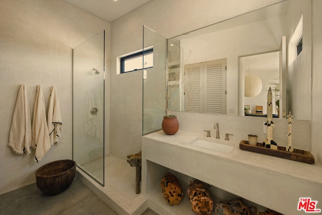 bathroom featuring vanity and a shower with shower door