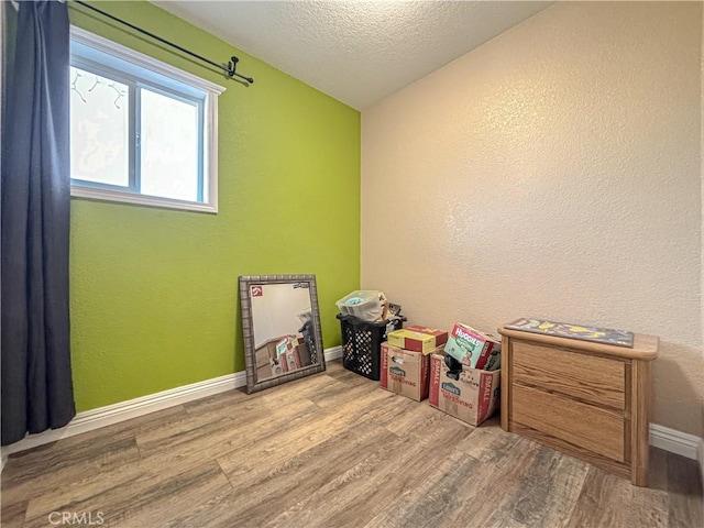 miscellaneous room with wood-type flooring and a textured ceiling