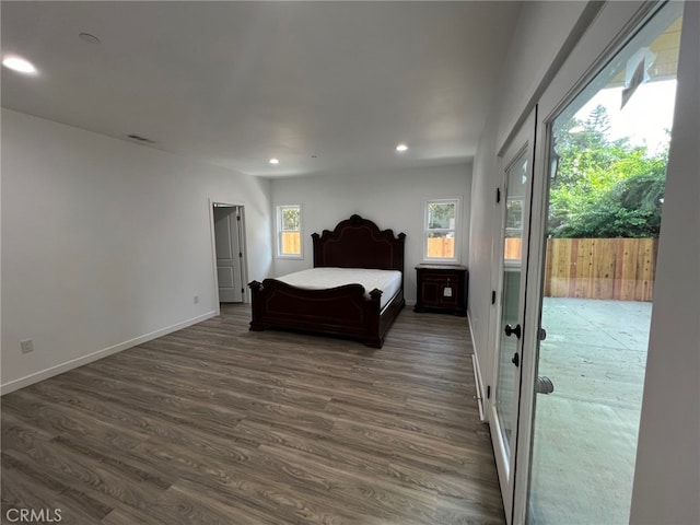 bedroom featuring multiple windows, dark hardwood / wood-style flooring, and access to exterior