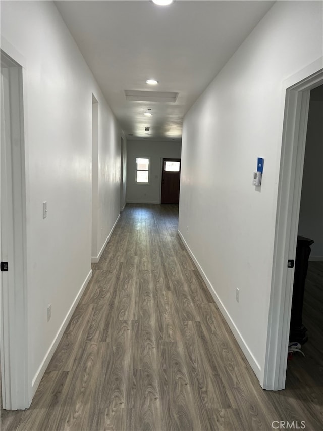 hall featuring dark wood-type flooring