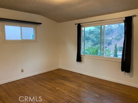 spare room with a textured ceiling, vaulted ceiling, and dark hardwood / wood-style flooring