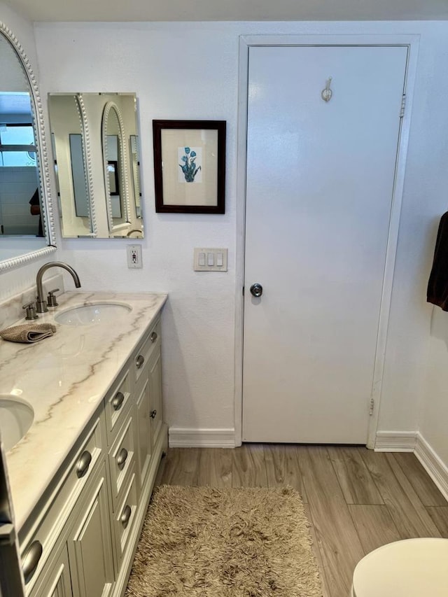 bathroom with wood-type flooring and vanity