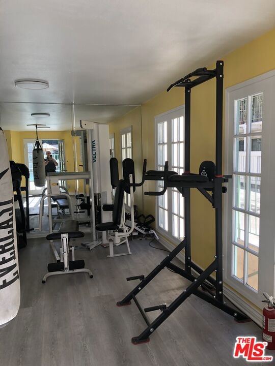 workout area featuring hardwood / wood-style flooring