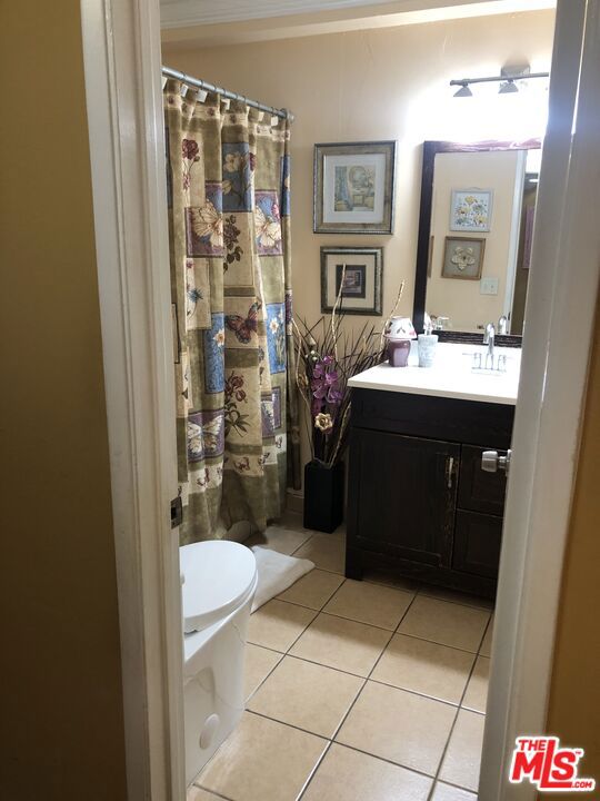 bathroom with tile patterned floors, walk in shower, vanity, and toilet