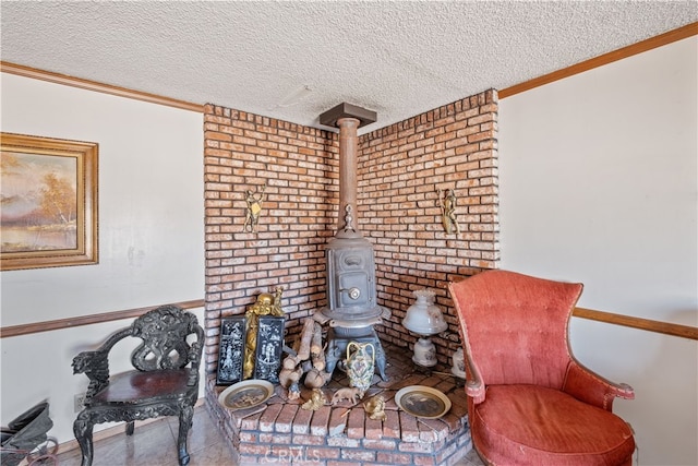 sitting room featuring ornamental molding, a textured ceiling, and a wood stove