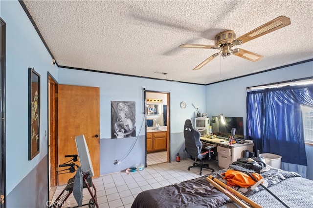 tiled bedroom featuring connected bathroom, ceiling fan, crown molding, and a textured ceiling