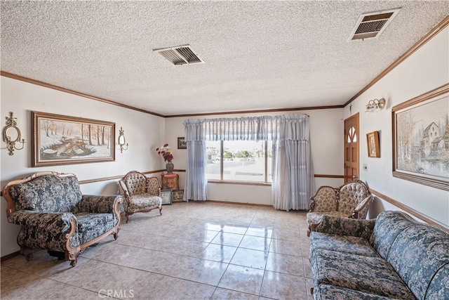 tiled living room with crown molding and a textured ceiling