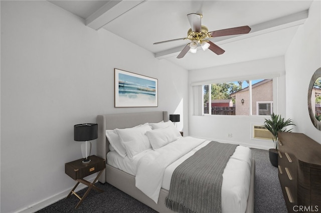 bedroom with ceiling fan, an AC wall unit, carpet flooring, and beamed ceiling