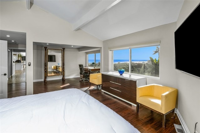 bedroom featuring dark wood-type flooring and lofted ceiling with beams