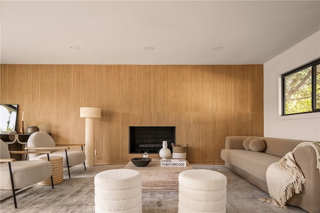 living room with wooden walls and a fireplace