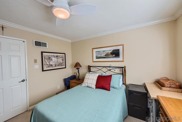 carpeted bedroom with crown molding and ceiling fan