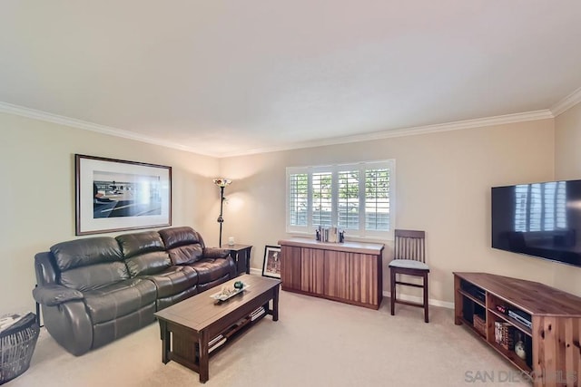 living room with light carpet and ornamental molding