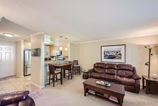 carpeted living room with ornamental molding