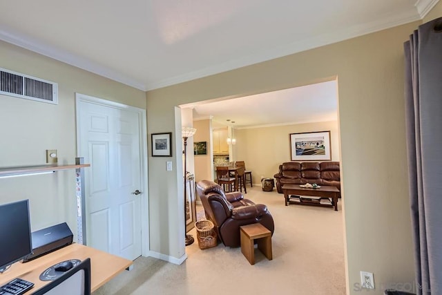 living room with carpet and crown molding