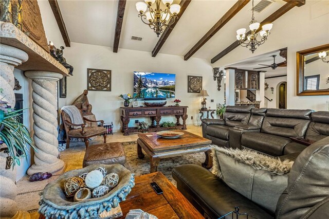 living room featuring ceiling fan with notable chandelier and lofted ceiling with beams