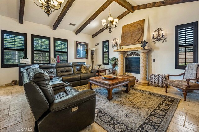 living room with beam ceiling, high vaulted ceiling, and an inviting chandelier