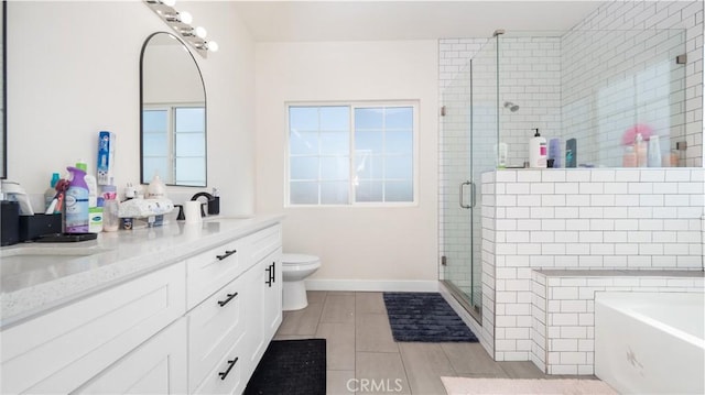 full bathroom with plus walk in shower, toilet, and vanity