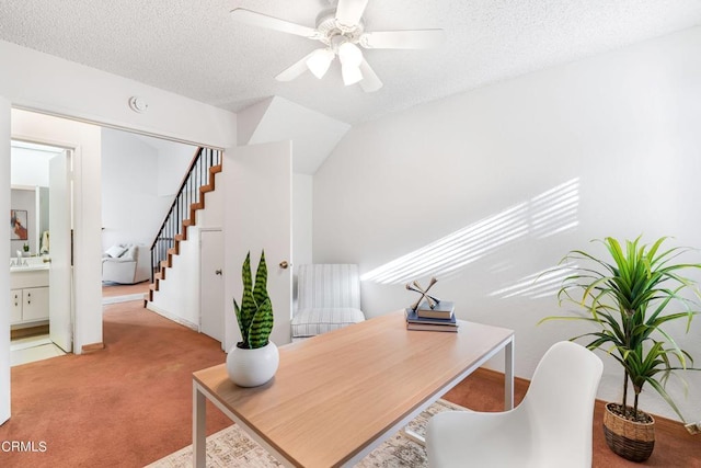 carpeted home office with vaulted ceiling, ceiling fan, sink, and a textured ceiling