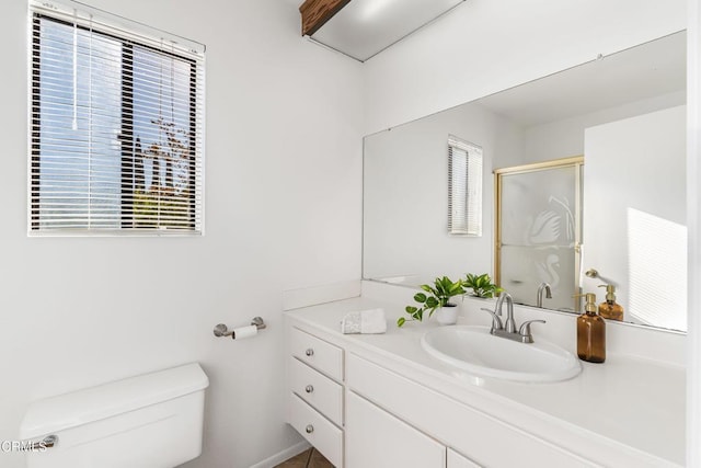 bathroom featuring vanity, toilet, and a shower with shower door