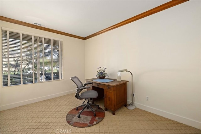 carpeted home office featuring ornamental molding