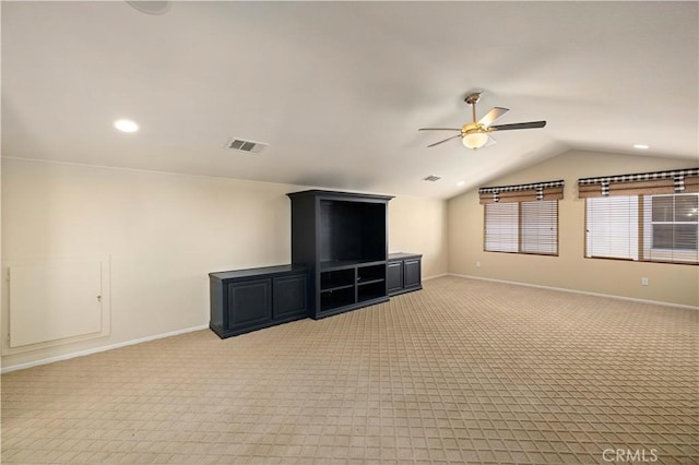 unfurnished living room with light carpet, ceiling fan, and lofted ceiling