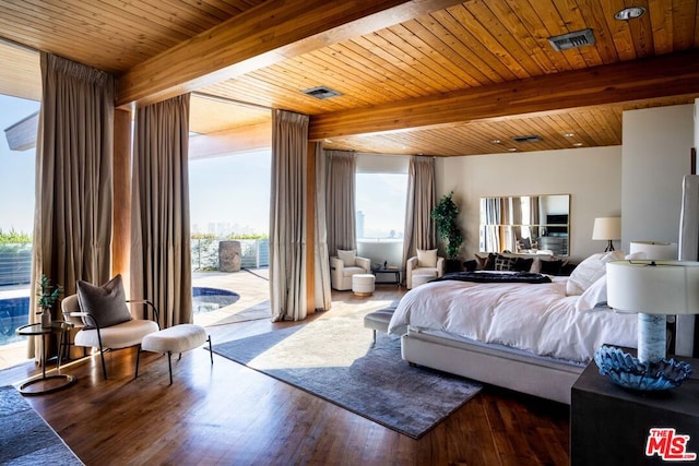 bedroom with wooden ceiling, hardwood / wood-style floors, access to exterior, and beam ceiling